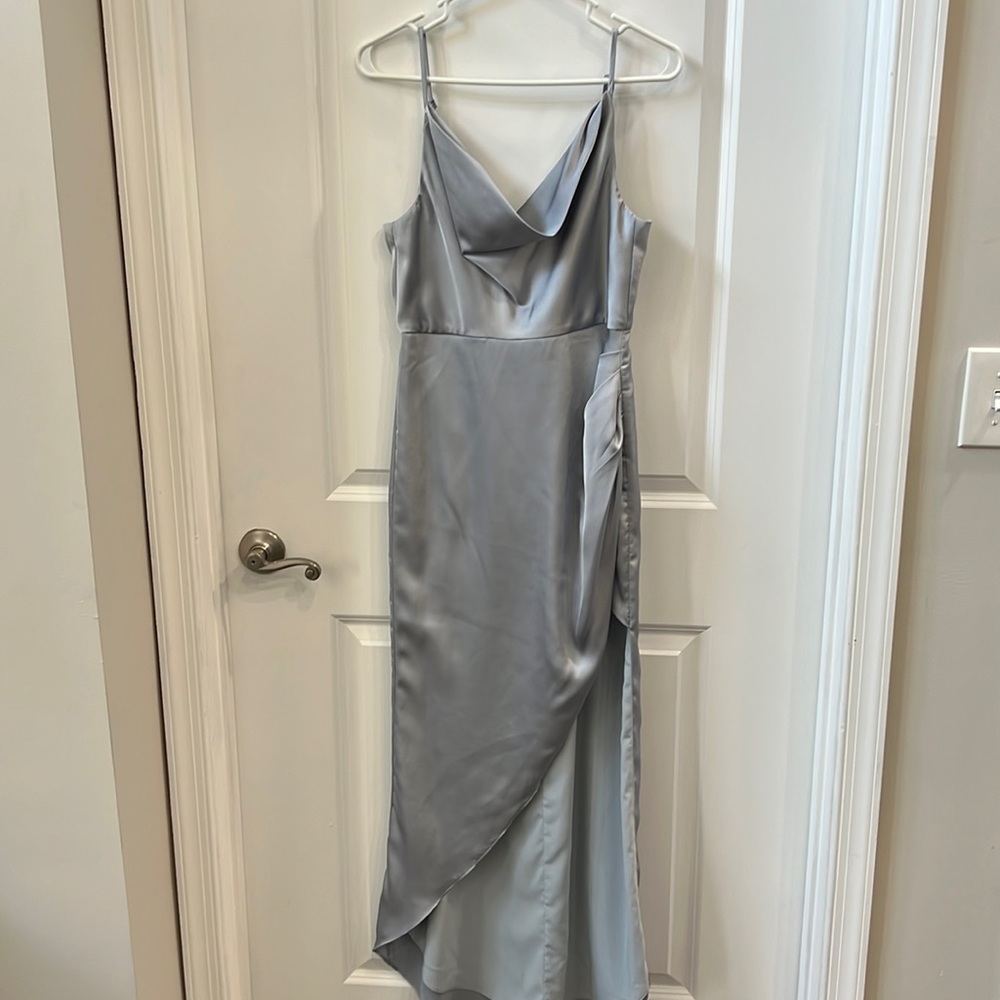 Light grey silky evening dress—high slit